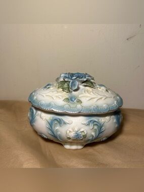 Decorative Porcelain Trinket Box with Blue Rose Detail